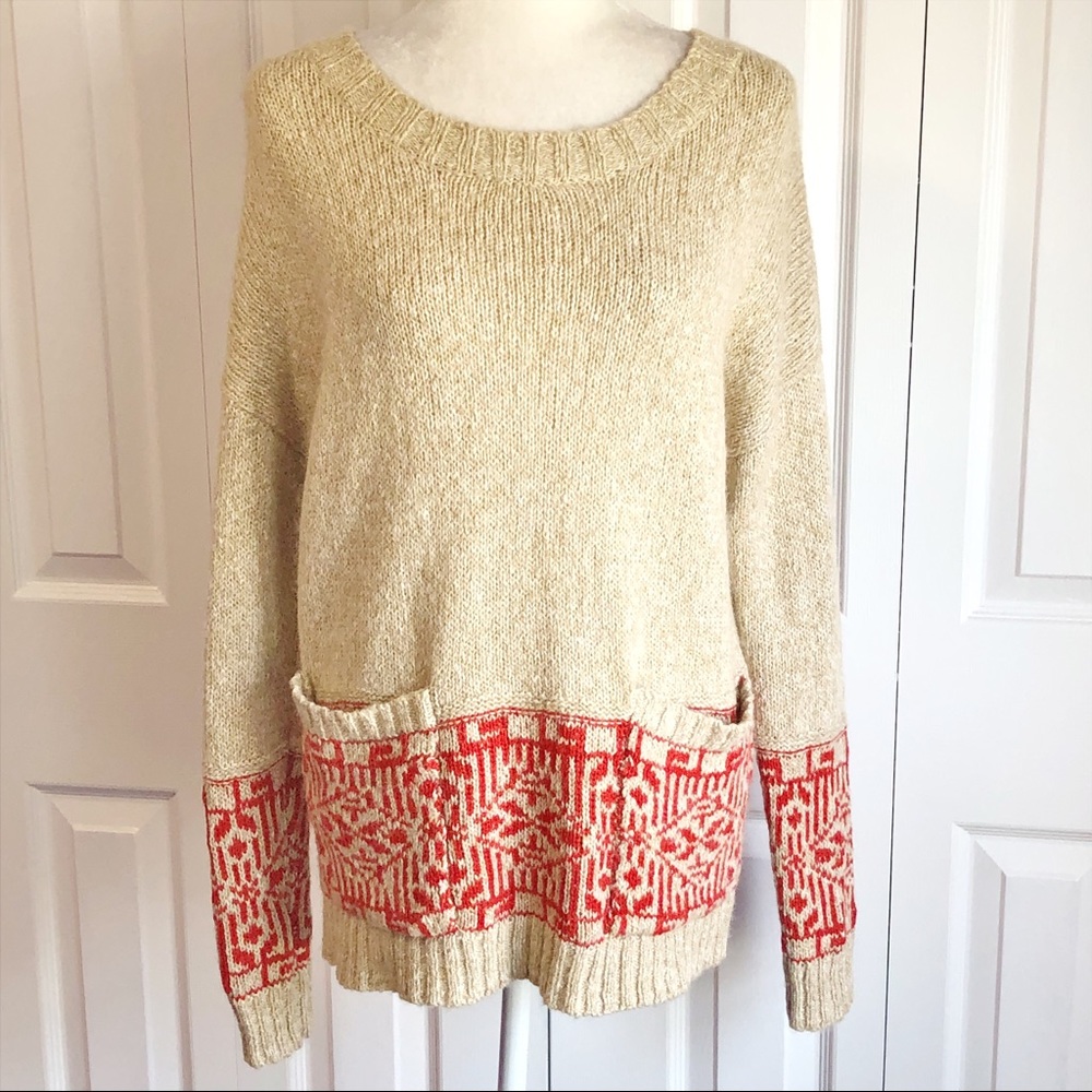 UO Ecote Tan & Red Print Wool Blend Sweater w/ Pockets Medium